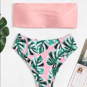 High Waisted Bandeau Bikini Pink Tropical Print